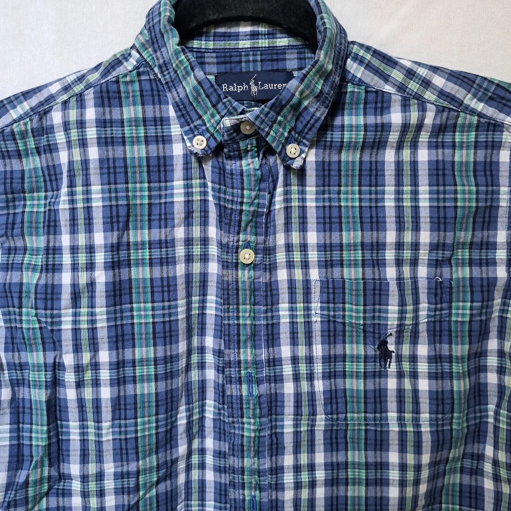 Ralph Lauren Boys Blue Green Plaid Short Sleeve Button Down Shirt Size 7‎ Cotton